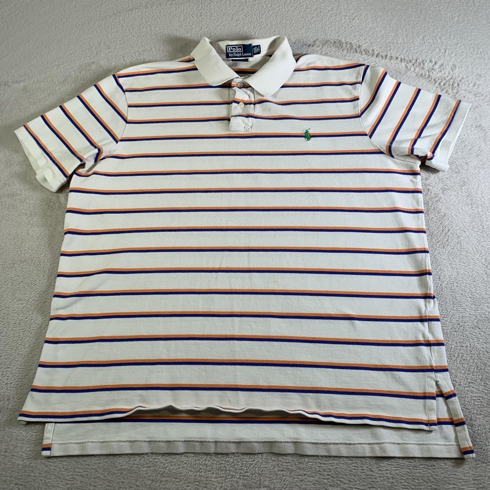 Polo Ralph Lauren Polo Shirt Mens 2XL White Orange Blue Stripe Custom Fit Cotton